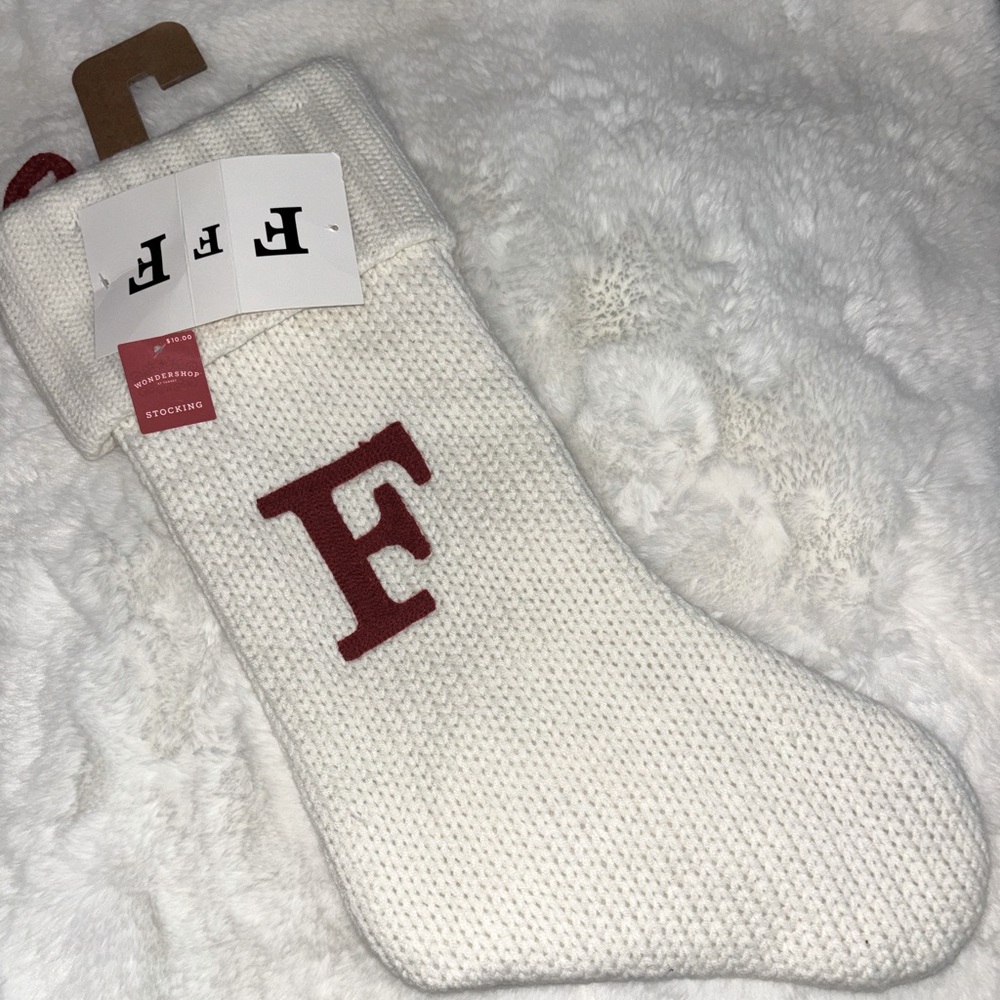 NWTS - KNIT White Woven Christmas Holiday Stocking ~F~ Letter ~WONDERSHOP
